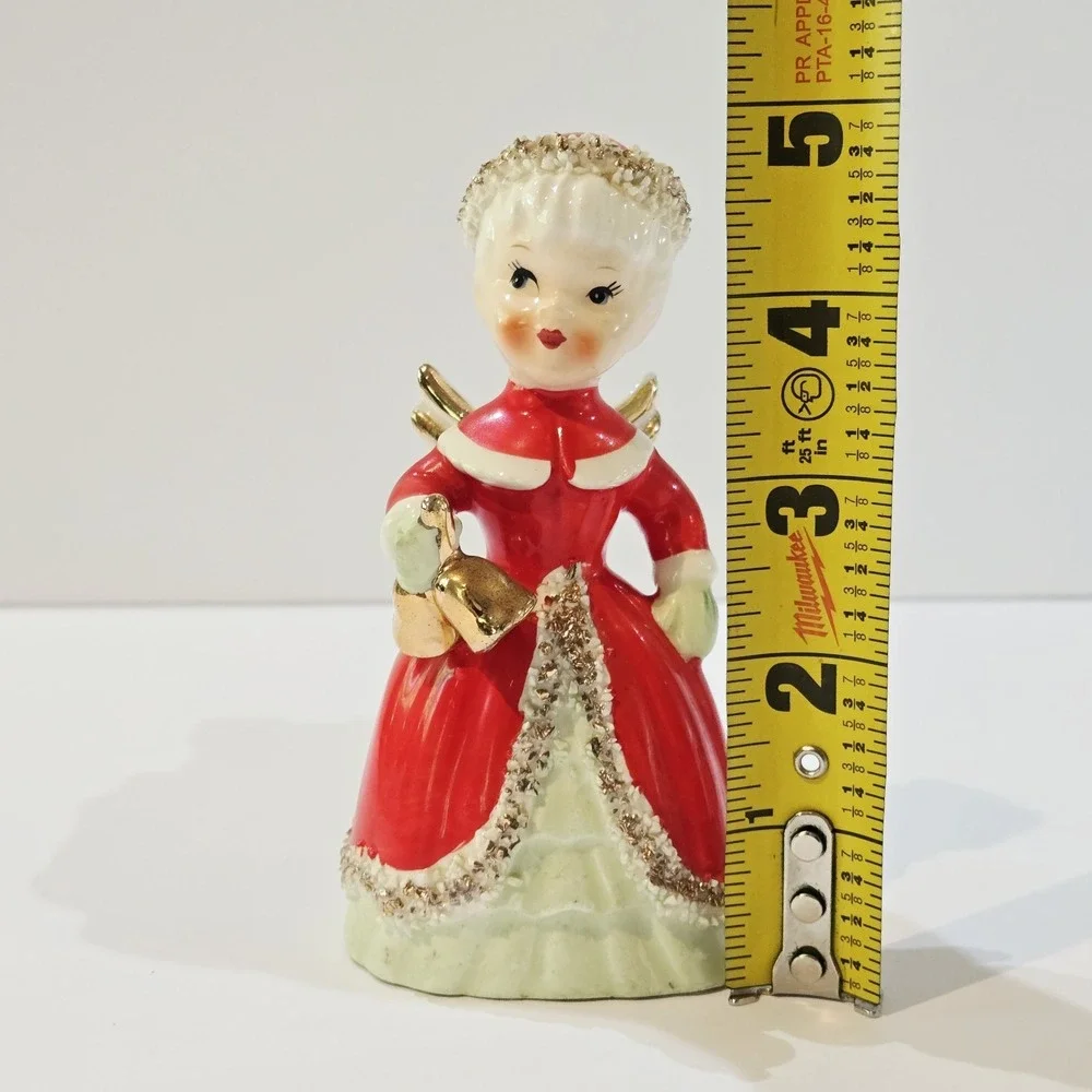 Vintage 1956 NAPCO Spaghetti Trim Christmas Gold Bells Bell Angel Red Dress
